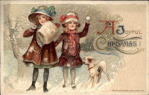 Christmas Lovely Girls & Dog Snowball Fight Embossed WINSCH Vintage Postcard