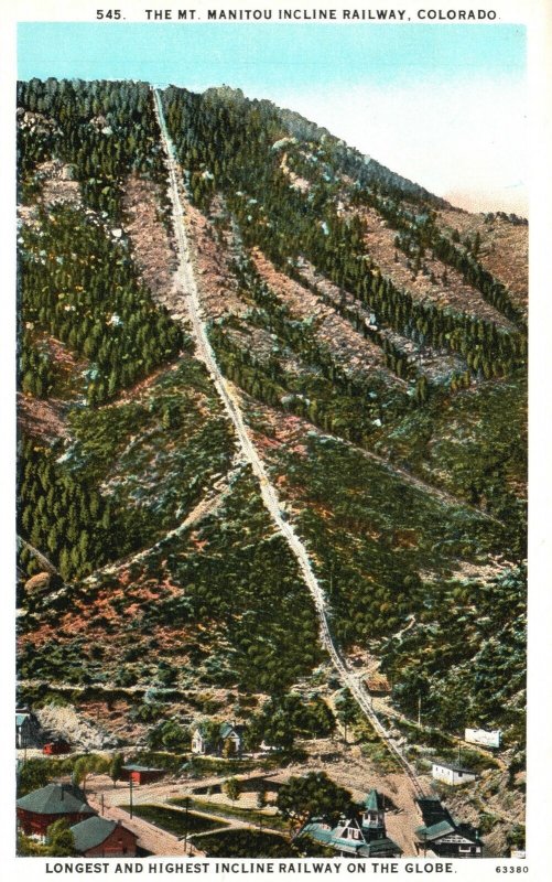 Vintage Postcard 1920s The Mt. Manitou Highest Incline Railway on Globe Colorado