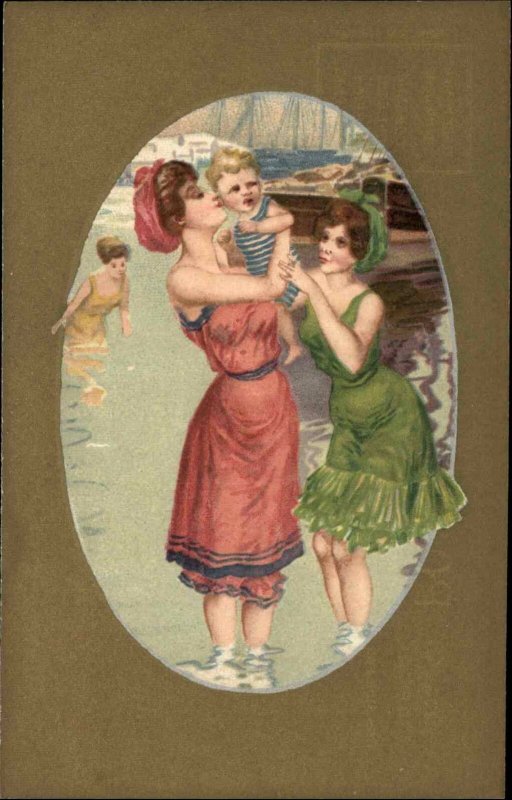 Winsch Bathing Beauty Women in Swimsuits With Little Boy c1910 Vintage Postcard