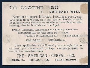 VICTORIAN TRADE CARD American Cereal Schumachers Infant Food