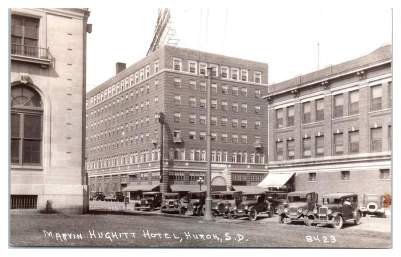 RPPC Marvin Hughitt Hotel and Downtown Huron, SD Real Photo Postcard