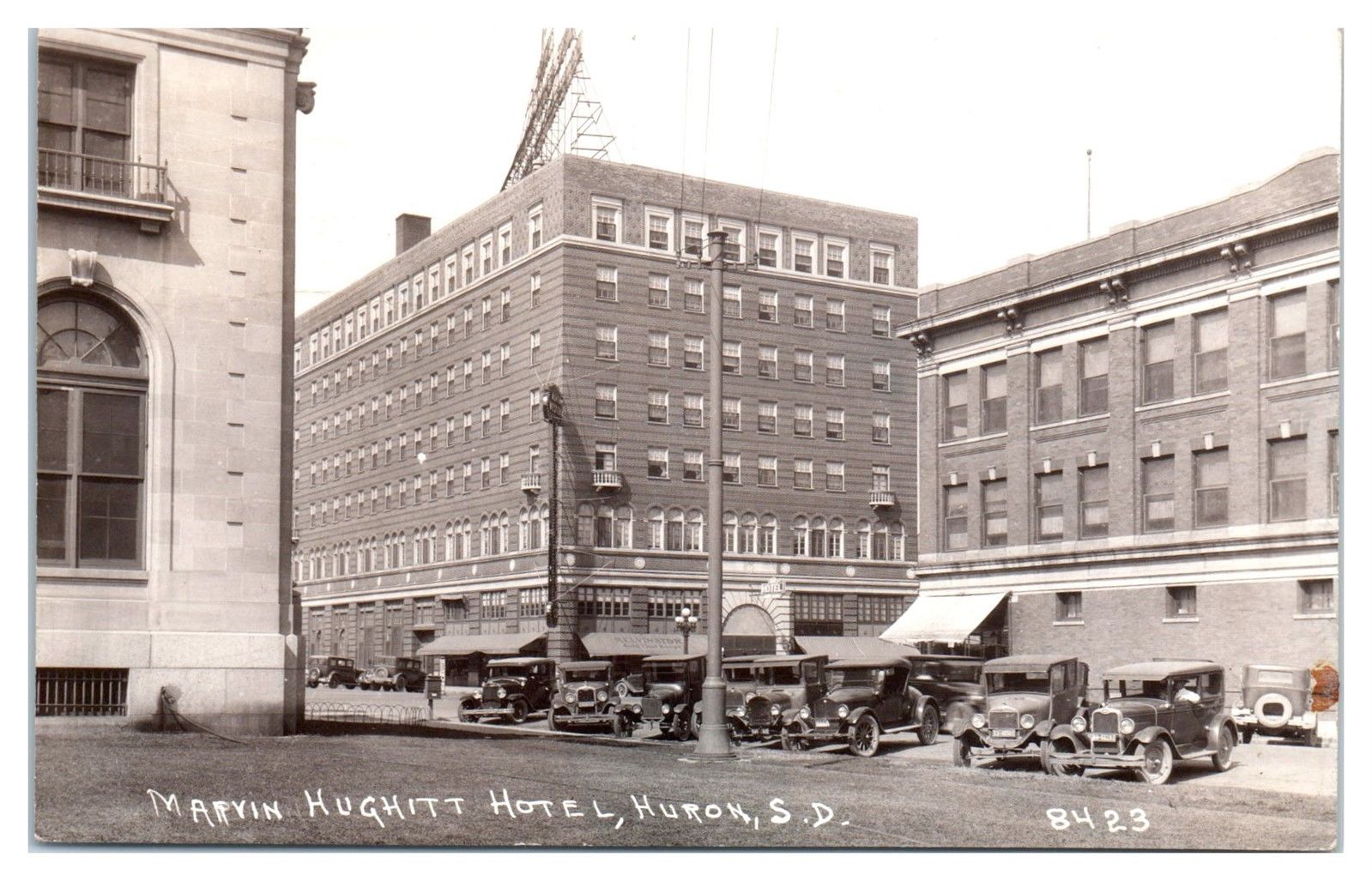 RPPC Marvin Hughitt Hotel and Downtown Huron, SD Real Photo Postcard