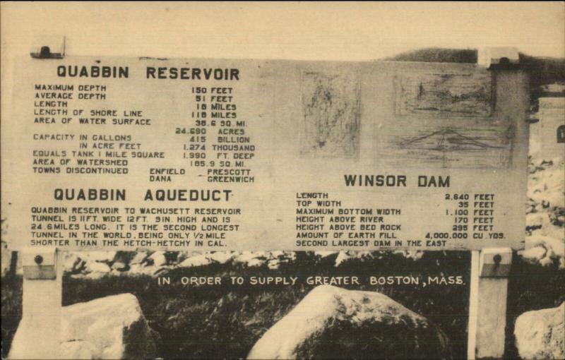 Quabbin Resevoir Sign Winsor Dam Greater Boston MA Postcard