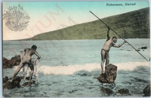 c1900s UDB Native Fishermen Net Spear Aloha Nui PC Hand Colored Territory A188