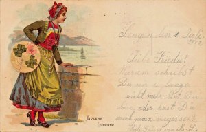 LUZERN LUCERNE SWITZERLAND~WOMAN IN COLORFUL NATIONAL COSTUME~1902 POSTCARD