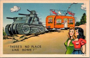 Armored Tank Pulling Camping Trailer, No Place Like Home Vintage Postcard Q57