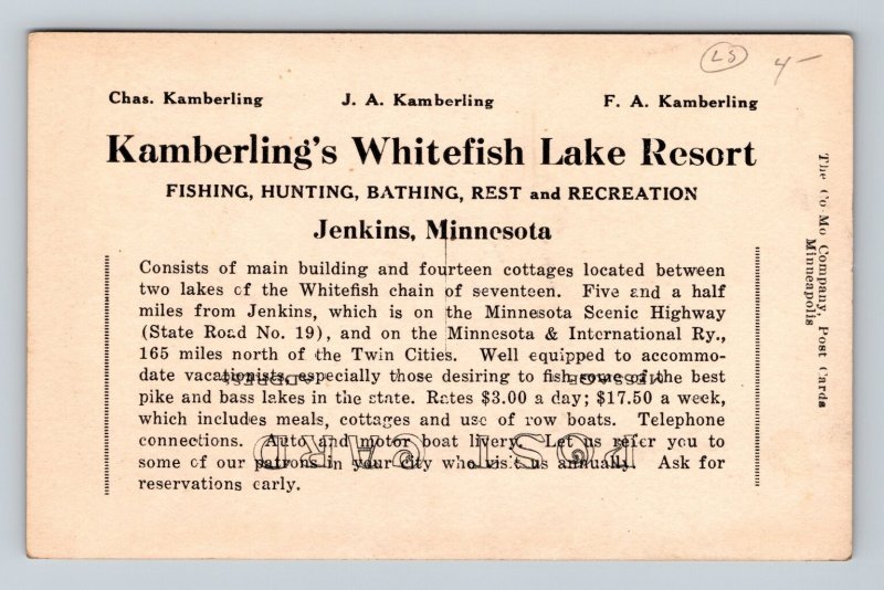 Kamberling's Whitefish Lake Resort Jenkins Minnesota RPPC Advertising Postcard