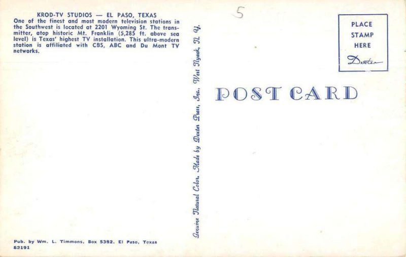 El Paso Texas KROD-TV Studios Vintage Postcard AA13129