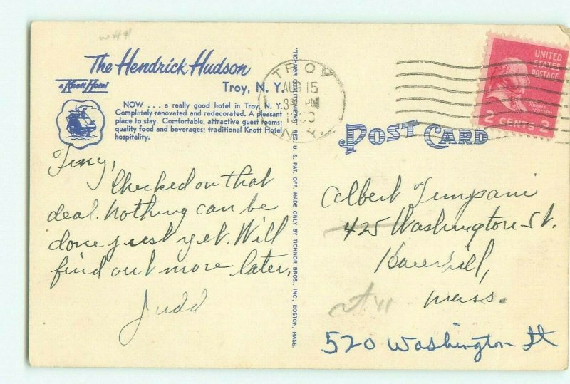 Hendrick Hudson Hotel with New Lobby Inset Troy, New York 1950 Postcard