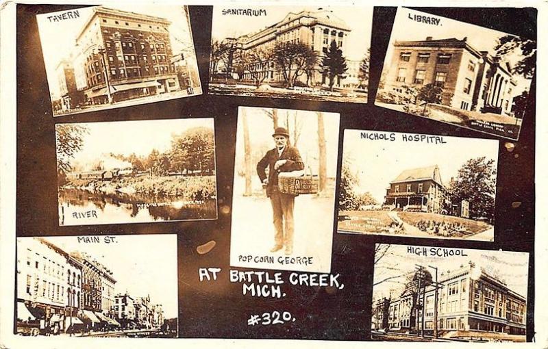 Battle Creek MI Popcorn George Multi-View Train Main Street RPPC Postcard