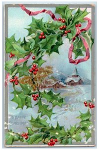 1907 Christmas Holly Berries House Church Winter Schenectady NY Tuck's Postcard 