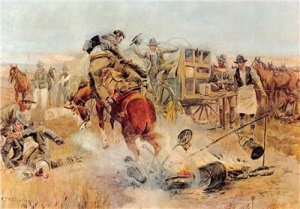 Bronc to Breakfast Charles Russell Art Cowboys c1960s Large Vintage Postcard 