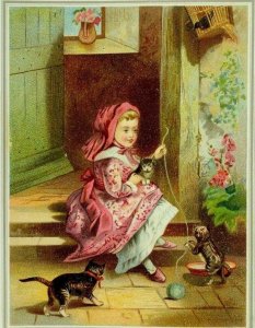 1880's Victorian Trade Card Lovely Child Playing With Cat & Kittens Yarn P78