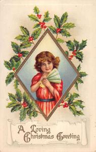 Christmas Child  Surrounded By Holly Border Antique Postcard L1075 
