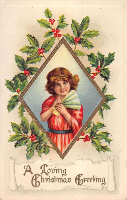 Christmas Child  Surrounded By Holly Border Antique Postcard L1075