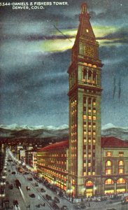 1920's, Daniels & Fishers Tower Downtown at Night, Denver, Colorado Postcard P40