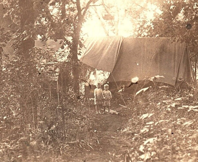 1930s CHILDREN AT TENT IN WOODS EARLY CAMPING HOMELESS RPPC POSTCARD  43-146
