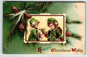 Christmas Postcard Children Boy Girl Pinecones Embossed Vintage Germany 1910