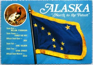 VINTAGE CONTINENTAL SIZE POSTCARD FLAG AND BIRD OF ALASKA NORTH TO THE FUTURE