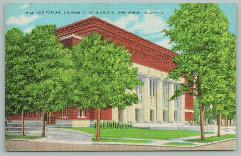 Ann Arbor Michigan~University of Michigan~Hill Auditorium~c1940 Postcard 