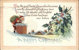 Christmas Santa Claus Chimney Roof Holly Snow Embossed 1900s-20s Vintage PC