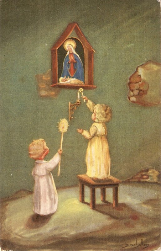 Litle girl with cadles for the Virgin Nice Spanish ReligiousPostcard 19340s