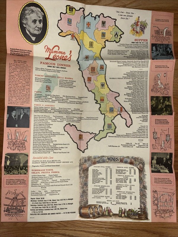 Mamma Leone’s Menu 1968 New York City, Postcard, Italy