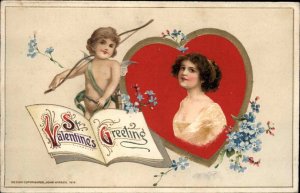 Winsch Valentine Cupid With Book Beautiful Woman c1910 Vintage Postcard