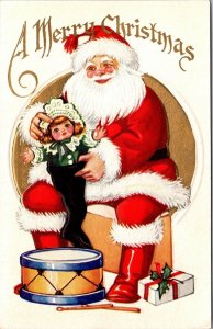 Christmas Postcard Santa Claus Putting Doll Into Stocking Drum Wrapped Present