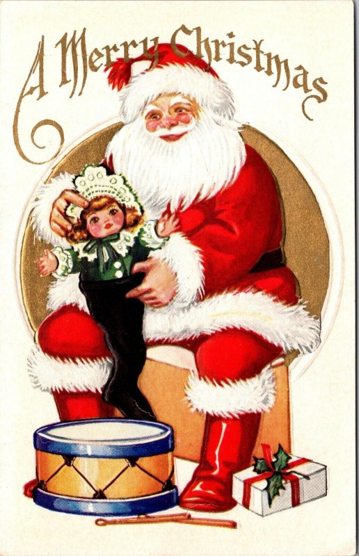 Christmas Postcard Santa Claus Putting Doll Into Stocking Drum Wrapped Present