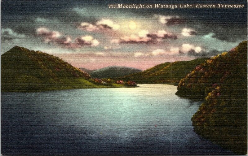 Moonlight Watauga Lake Eastern Tennessee TN Linen Postcard UNP VTG Unused 