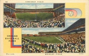 2-View Linen Postcard; Chicago Baseball Parks, Comiskey & Wrigley Field unposted