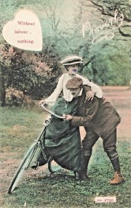 PROVERBS-WITHOUT LABOR NOTHING~BICYCLE ROMANCE~1906 TINTED PHOTO POSTCARD