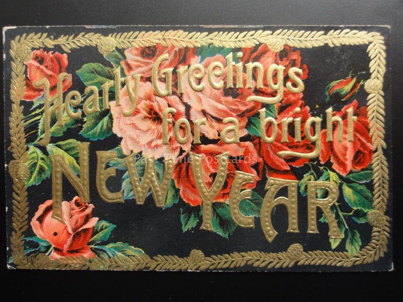 HEART GREETINGS for a bright NEW YEAR - Old Embossed Postcard 