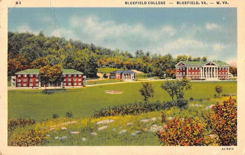 Bluefield West Virginia birds eye view Bluefield College linen antique pc Z22393