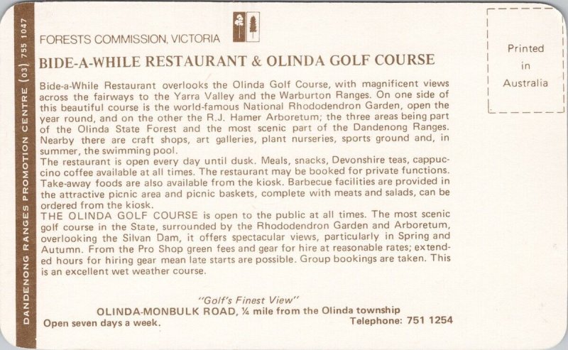 Bide-A-While Restaurant Olinda Golf Course Victoria Australia Adv Postcard H59