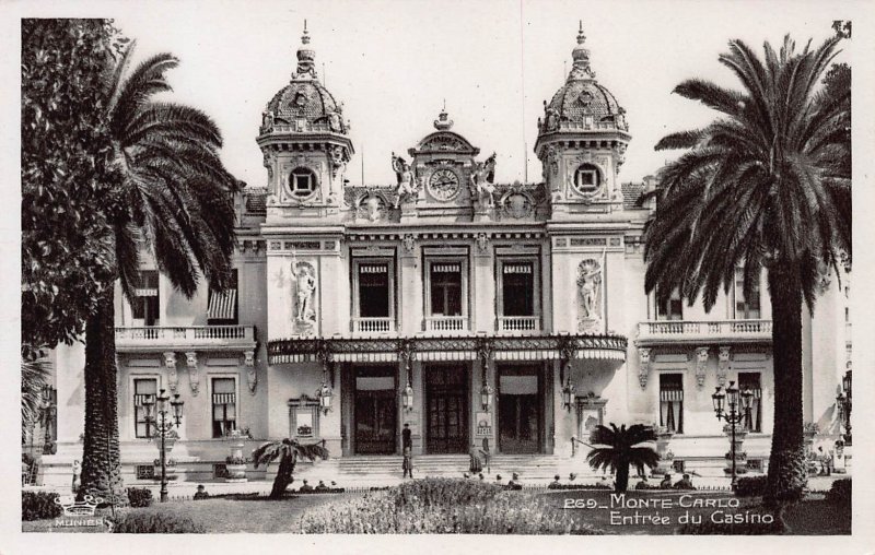 Entrance to the Casino, Monte Carlo, Monaco, Early Real Photo Postcard, Unused