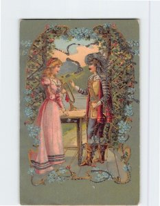 Postcard Love/Romance Greeting Card with Lovers Flowers Embossed Art Print