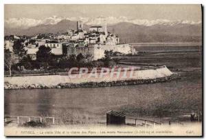 Old Postcard Old Antibes and the Chaine des Alpes Mountains Mercautour