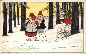 Christmas Children Walking Pig c1900s-20s Postcard