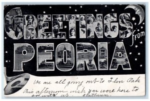 1906 Greetings From Peoria Illinois IL, Large Letters Crescent Stars Postcard 