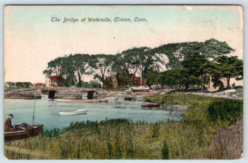 1910's ERA THE BRIDGE AT WATERDSIDE*CLINTON CONNECTICUT*CT*POSTCARD*BOATS