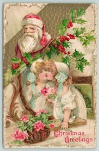 Christmas~Santa Watches As Lil Blond Girl Kisses Mirror Image Of Herself~Holly