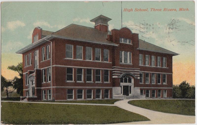 1918 THREE RIVERS Michigan Mi Postcard HIGH SCHOOL Building