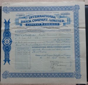 International Brick Co. Ltd Preferred Share certificate dated 1928, BLUE