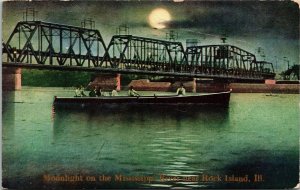 Postcard IL Moonlight on the Mississippi River near Rock Island Boat 1947 M21