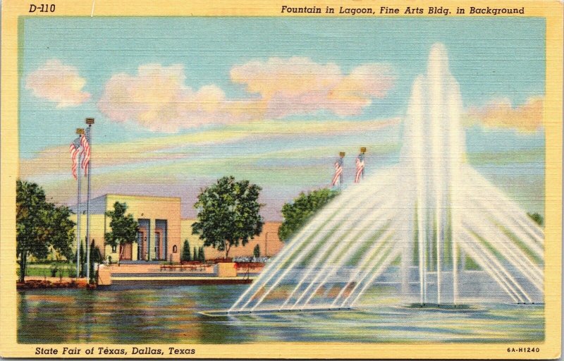 Fountain In Lagoon Fine Arts Building Dallas State Fair Of Texas Linen Postcard 