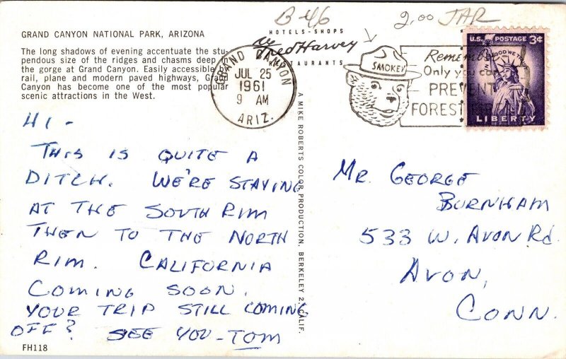 Grand Canyon National Park Arizona AZ Postcard PM Cancel WOB Note VTG Vintage 3c 