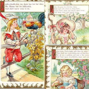 x3 c1910s Nursery Rhymes PC LOT Cock-A-Doodle-Do Little Bo-Peep, Curly-Locks A67