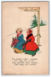 c1910's Christmas Schmucker Girls Flowers Umbrella Pine Tree Tuck's Postcard 